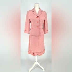 BLOOMSBURY LONDON Pink 2 Piece Suit Jacket & Skirt 3 Button Blazer Ruffle Design